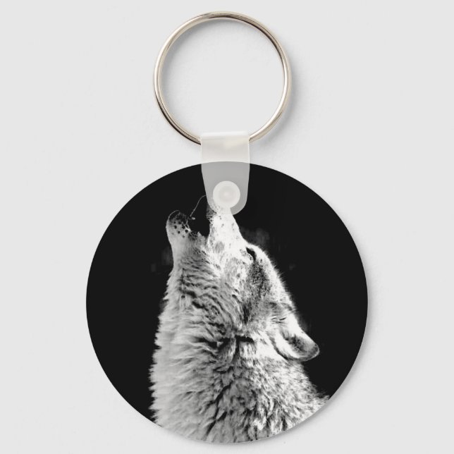 Black & White Wolf Howling at Moon Key Chain (Front)