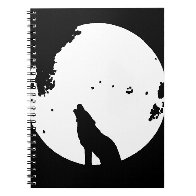 Black & White Wolf Howling at Moon Notebook (Front)