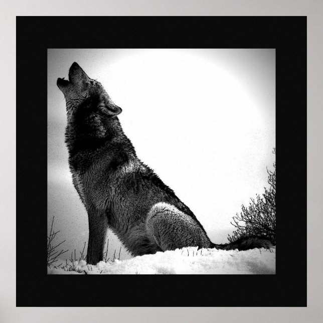 Black & White Wolf Howling at Moon Poster Print (Front)