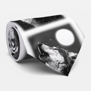 Black White Wolf Howling at Moon Tie