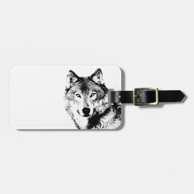 Black & White Wolf Luggage Tag (Front Horizontal)