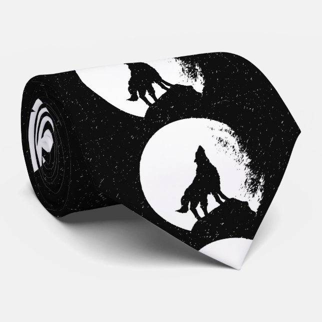 Black White Wolf & Moon Silhouette Neck Tie (Rolled)