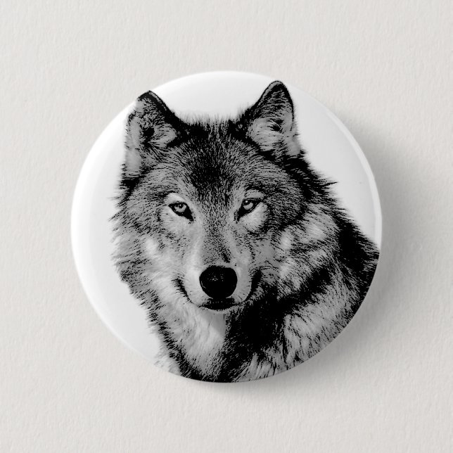 Black & White Wolf Pinback Button (Front)