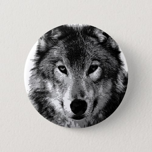 Black  White Wolf Portrait Button
