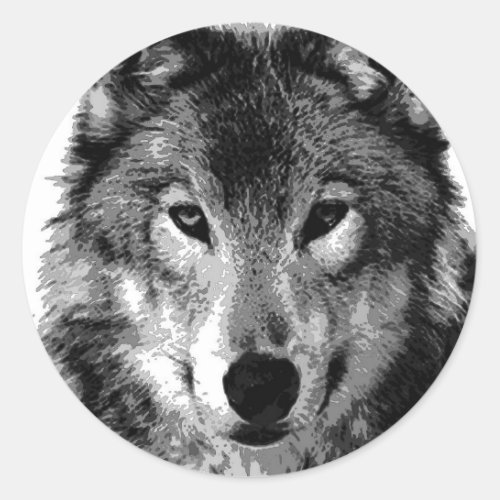 Black  White Wolf Portrait Classic Round Sticker