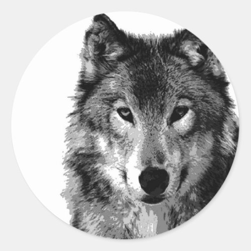 Black  White Wolf Portrait Classic Round Sticker