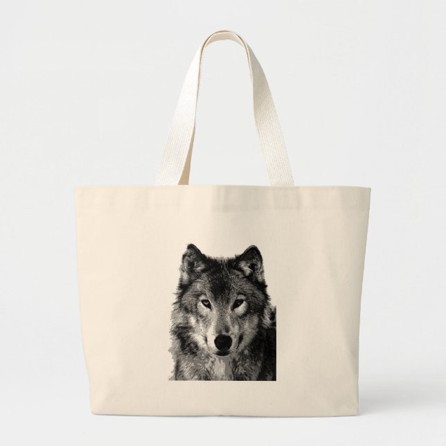 Black & White Wolf Portrait Large Tote Bag (Front)