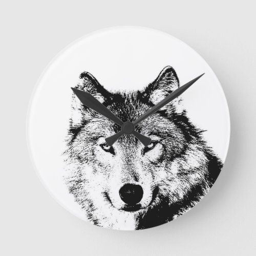 Black  White Wolf Round Clock