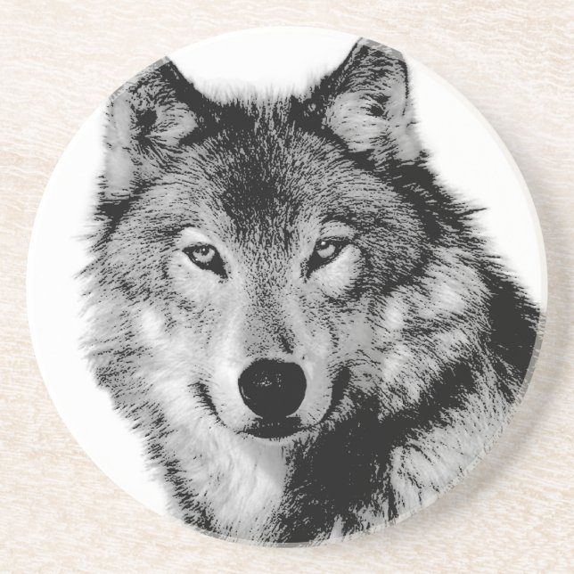 Black & White Wolf Sandstone Coaster (Front)