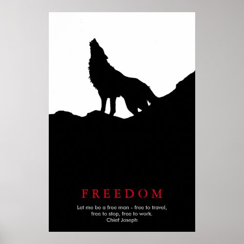 Black  White Wolf Silhouette on a Hill Poster