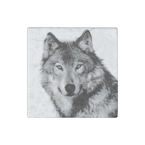 Black  White Wolf Stone Magnet