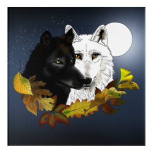 Black White Wolves Moonlight Autumn Leaves Acrylic Print