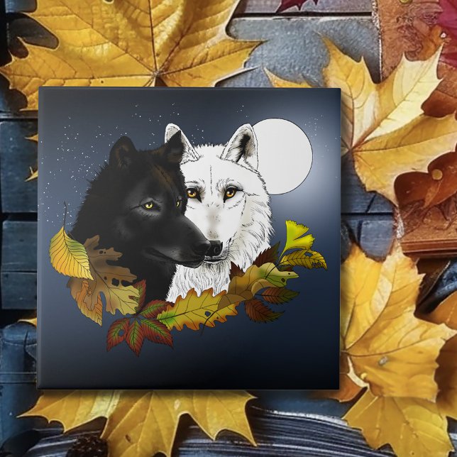 Black White Wolves Moonlight Autumn Leaves Ceramic Tile (Creator Uploaded)
