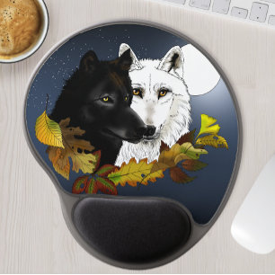 Black White Wolves Moonlight Autumn Leaves Gel Mouse Pad