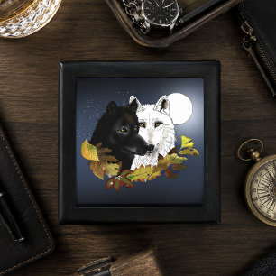 Black White Wolves Moonlight Autumn Leaves Gift Box