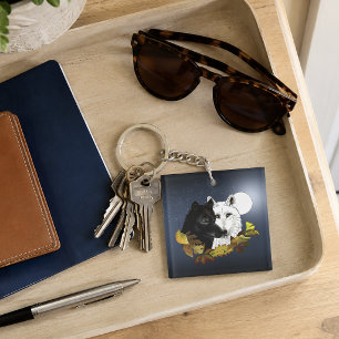 Black White Wolves Moonlight Autumn Leaves Keychain