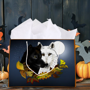 Black White Wolves Moonlight Autumn Leaves Large Gift Bag