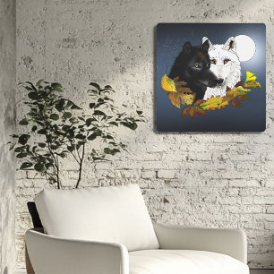 Black White Wolves Moonlight Autumn Leaves Metal Print