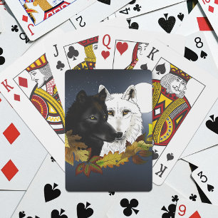 Black White Wolves Moonlight Autumn Leaves Poker Cards