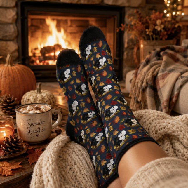 Black White Wolves Moonlight Autumn Leaves Socks (Creator Uploaded)