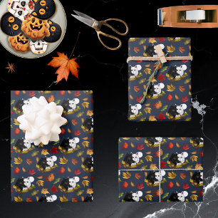 Black White Wolves Moonlight Autumn Leaves Wrapping Paper Sheets