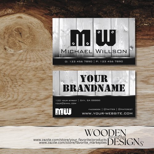 Black White Wooden Boards Wood Grain Look Monogram Business Card