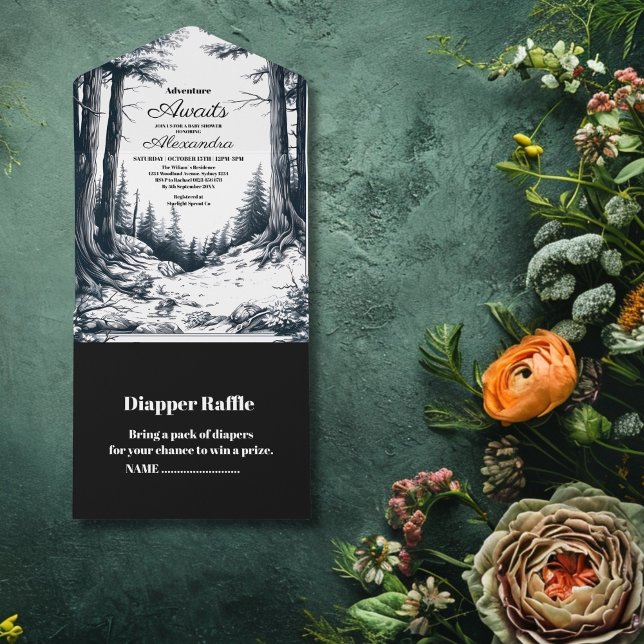 Black White Woodland Adventure Baby Shower All In One Invitation (Creator Uploaded)