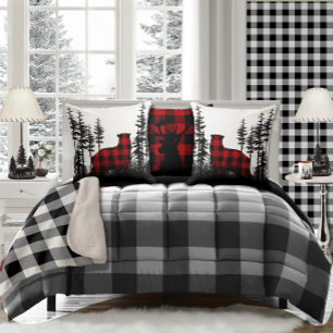 Black & White Woodland Forest Buffalo Plaid Bear  Throw Pillow