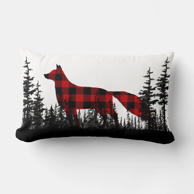 Black & White Woodland Forest Buffalo Plaid Fox Lumbar Pillow (Front)