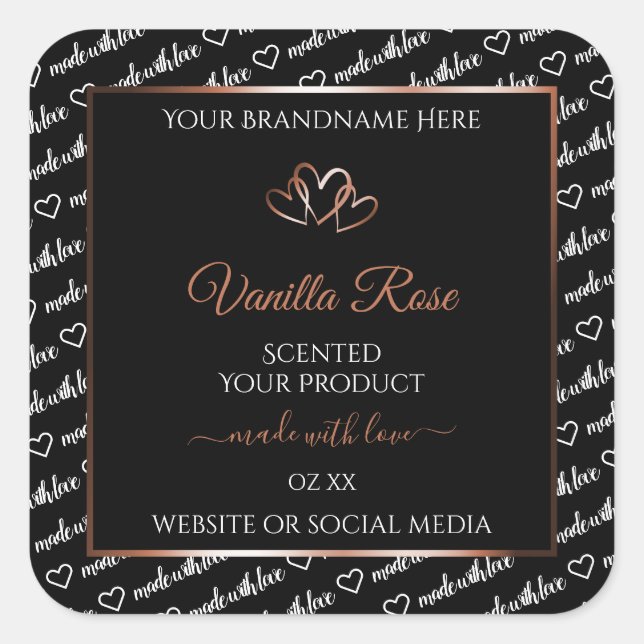 Black White Word Art Product Label Rosegold Hearts (Front)