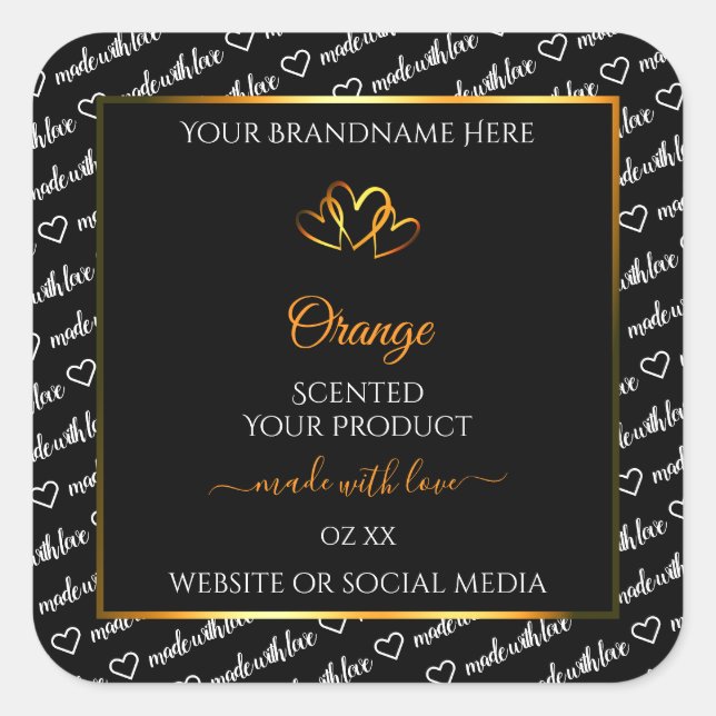 Black White Word Cloud Product Label Orange Hearts (Front)