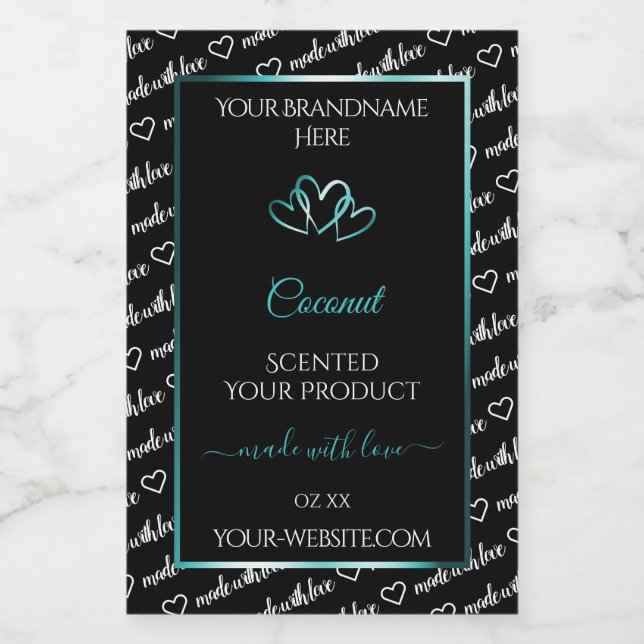 Black White Word Cloud Product Labels Teal Hearts (Single Label)