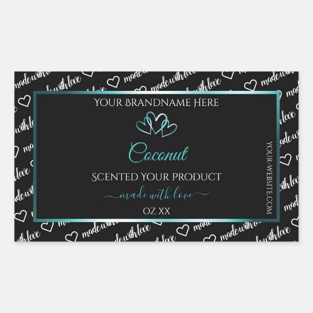 Black White Word Cloud Product Labels Teal Hearts (Front)