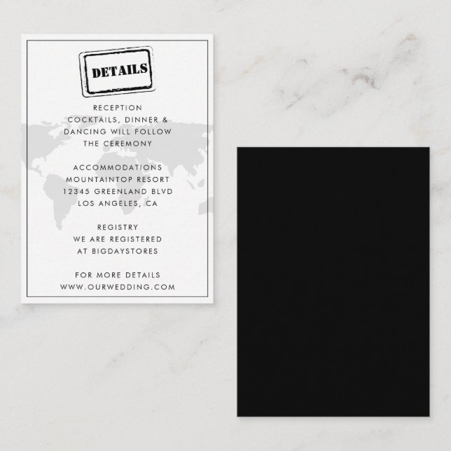 Black White World Map Destination Wedding Details Enclosure Card (Front/Back)