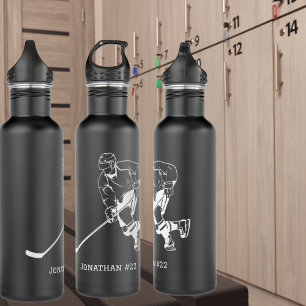 Black & White Wrap Around Hockey Player Monogram Stainless Steel Water Bottle