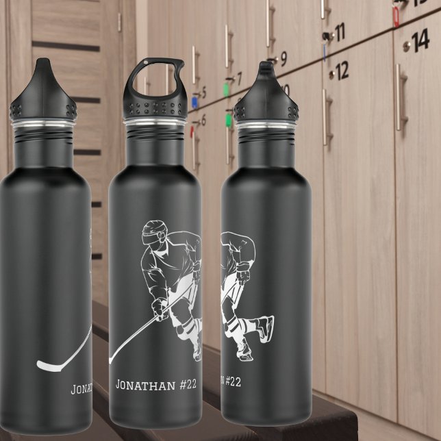 Black & White Wrap Around Hockey Player Monogram  Stainless Steel Water Bottle (Also available with hockey goalie design. )