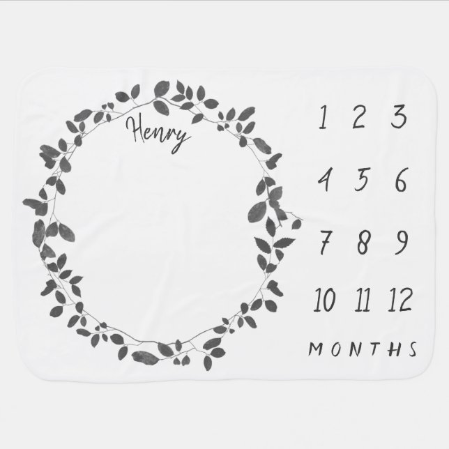 Black + White Wreath Baby Milestone Blanket (Horizontal)