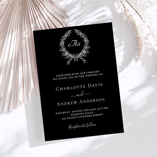 Black white wreath monogram luxury wedding invitation