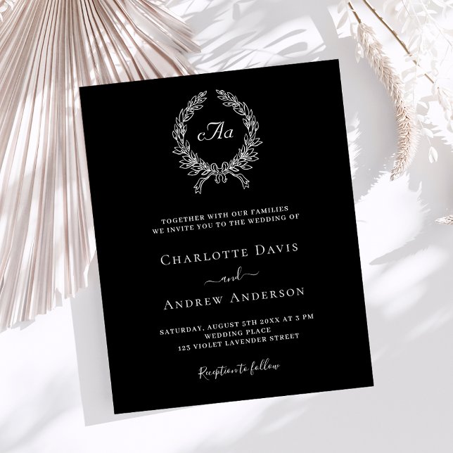 Black white wreath monogram wedding invitation (Creator Uploaded)