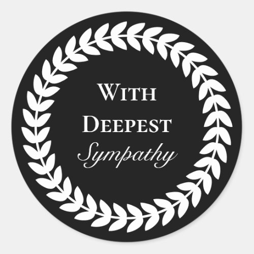 Black White Wreath With Deepest Sympathy Classic Round Sticker