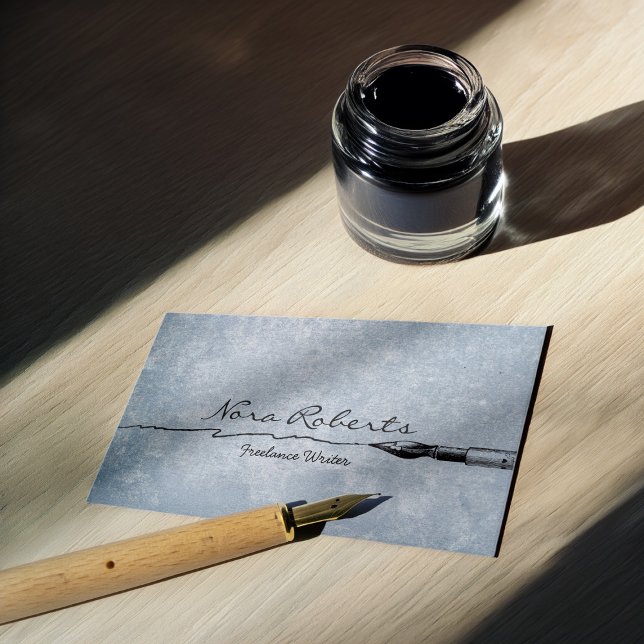 Black White Writers Authors Dip Pen on Blue Paper Business Card (Creator Uploaded)
