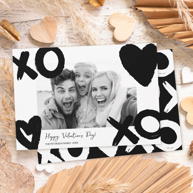 Black white xo heart photo valentine day holiday card (Creator Uploaded)