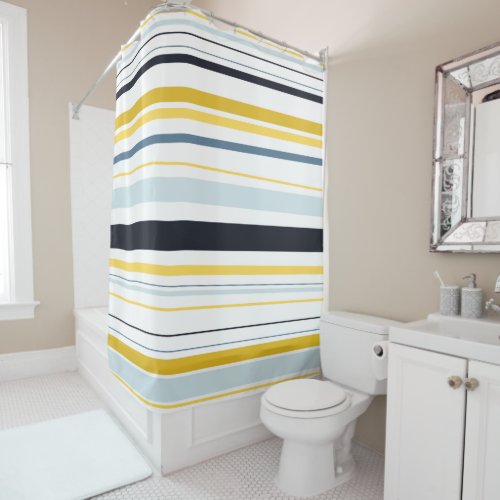 Black White Yellow Blue Gray Modern Stripes Shower Curtain