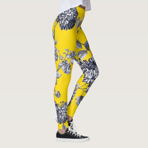 Black  White Yellow Botanical Floral Toile Leggings