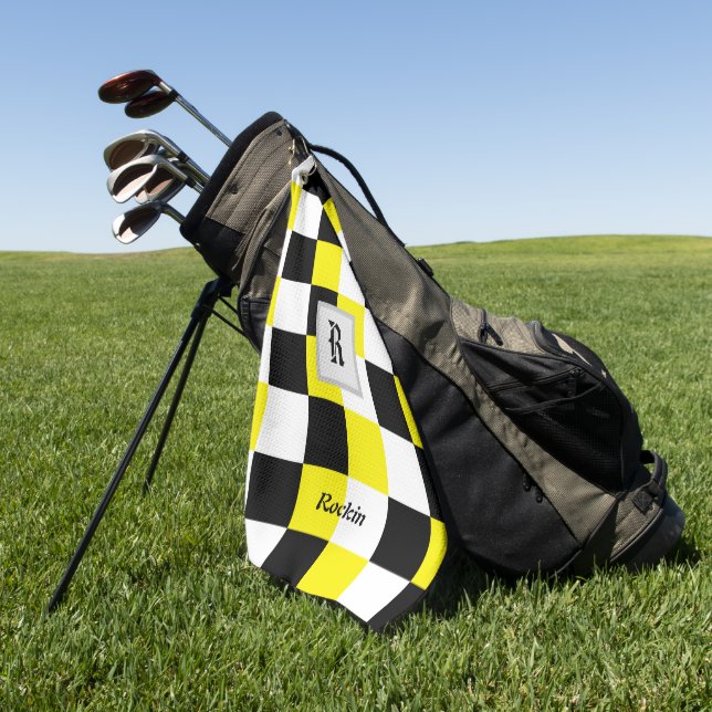 Black White Yellow Checker Golf Towel (Green)