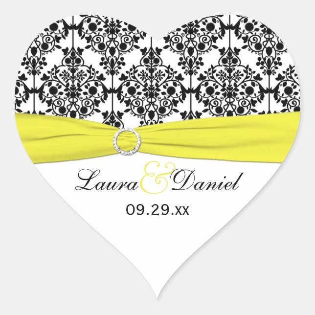 Black White Yellow Damask 1.5" Heart Sticker (Front)