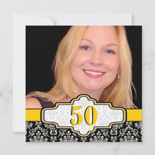 Black white yellow damask 50th birthday photo invitation