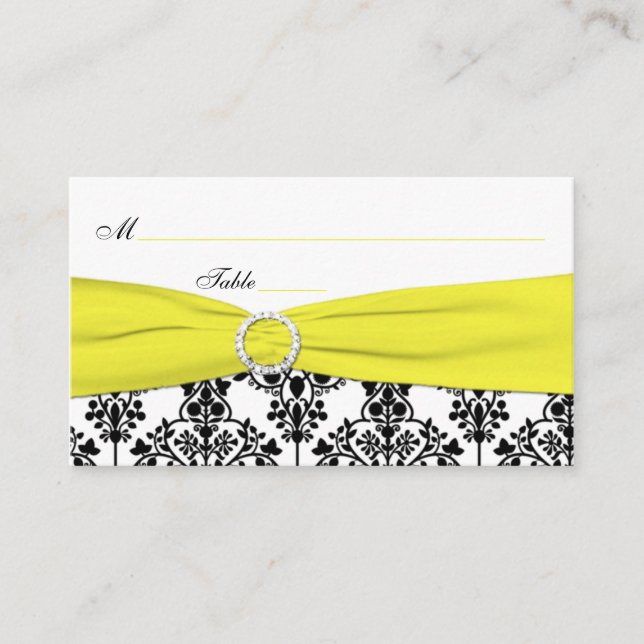 Black, White, Yellow Damask Place Cards (Front)
