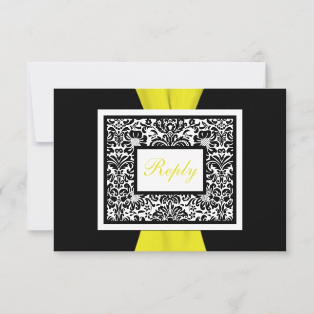 Black, White, Yellow Damask PRINTED RIBBON RSVP Card (Front)