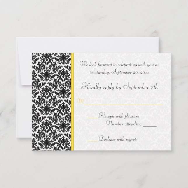 Black, White, Yellow Damask RSVP Card (Front)